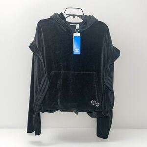 Adidas Love Heart Velour Hoodie in Black Stripes Size XL Athletic Athleisure NWT